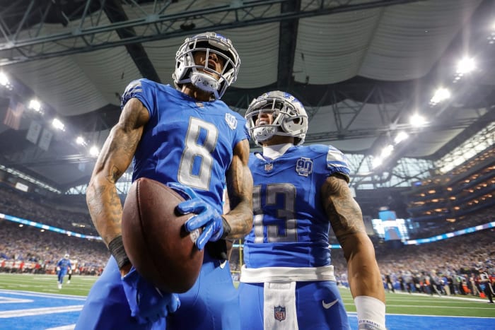 Detroit Lions receiver Josh Reynolds celebrates his touchdown to get Detroit rolling past the Tampa Bay Buccaneers and into next weekend’s NFC championship against San Francisco.